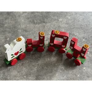 Vtg Le Go 4-Car Wood Train, White Dove Pulling J-O-Y Cars, Red & Green